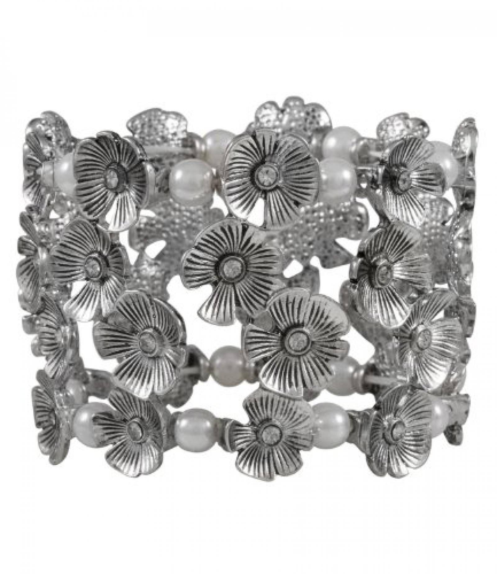 SIX "Bride" silbernes Armband mit Metall-Blüten Strass und Kunstperlen (358-453) 